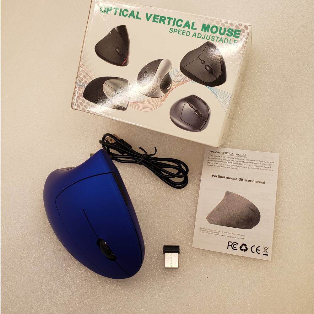 Ergonomic Optical Vertical Wireless Mouse – Speed Adjustable (Blue & Black)